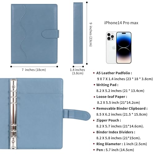 WASON A5 Binder PU Leather Journal Ring Portfolio Lined Notebook Refillable Paper Diary with Removable Clipboard Writing Notepad for Travel Business School Agenda Organizer (Mist Blue) - color: Mist Blue