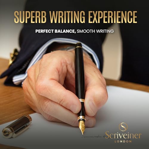 Scriveiner Luxury Fountain Pen - Stunning Black Lacquer Pen, Real Gold Finish, Schmidt Gilded Nib (Medium), Converter, Best Pen Gift Set for Men & Women, Professional, Executive, Office, Nice Pens - color: 1. Black with Gold, style: Medium Nib