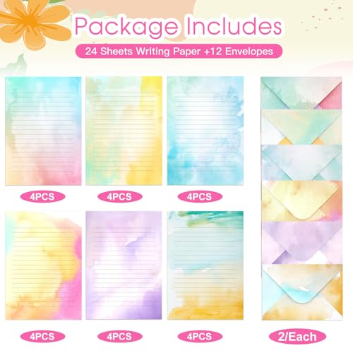Watercolor Stationary Paper and Envelopes Set, 24 PCS Colorful Writing Stationery Paper with 12 PCS Envelopes,Pretty Watercolor Styles Stationery Printed Design for Love Letter, Party Invitations