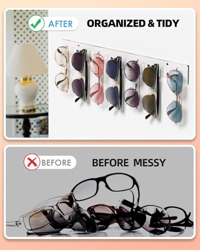 MaxGear Sunglasses Organizer Wall, 2-Pack Acrylic Eyewear Display Holder | Glasses/Sunglasses Storage with 14 Slots, Includes Adhesive Tape & Screws, Clear Wall Mounted Shelf for Closet, Door - color: Clear