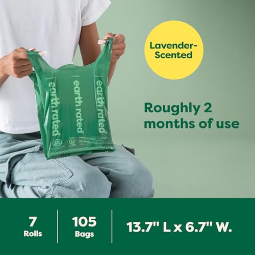 Earth Rated Dog Poop Bags for Dogs, 105 Easy Tie Handle Bags, Lavender - size: 105 Handle Bags (Rolls), style: Lavender