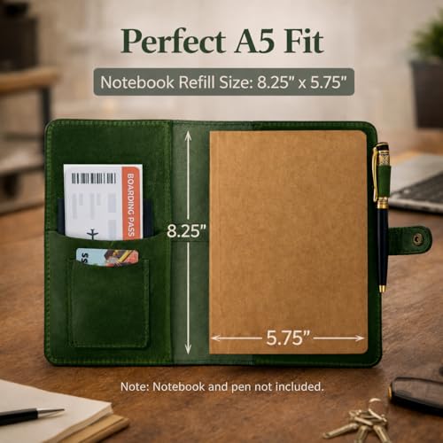 TheAntiq Genuine Leather A5 Journal Cover with Snap Closure – Handmade Refillable Notebook with Card Slots, Pen Holder, Travel Writing Diary for Office & Gift Use 5.75 x 8.25 (Green) - color: Green Leather Journal Cover
