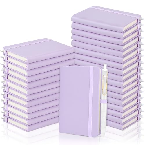 Aodaer 50 Sets Pocket Notebook Journal with Pens, 160 Pages, 3.5 x 5.5 Inch Mini Lined Journal Notebook A6 Leather Hardcover College Ruled Notepad with Pen Holder for School Office Gifts, Lavender - color: Lavender
