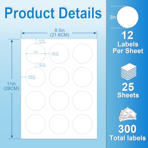 2 Inch Round Printable Labels, White Blank Circle Stickers for Laser Inkjet Printer, Food Packaging, Bottle, Price Tag & Gift Box Labels, 300 White Adhesive Labels (25 Sheets) with Template - size: 2 IN-25 Sheets(HB-C012)