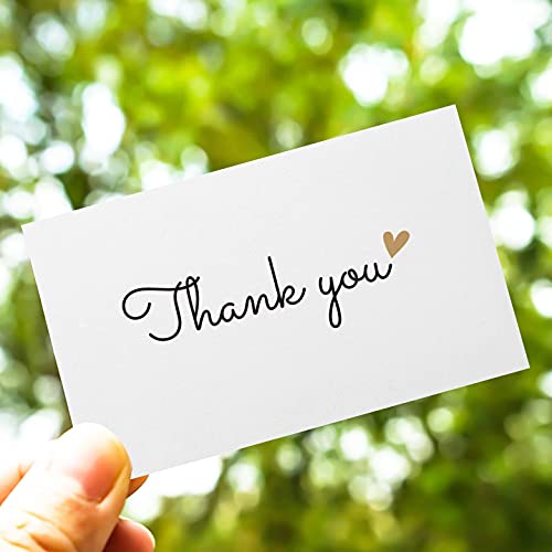 RXBC2011 100 Little Thank You Cards Gold Heart Design Bulk Thank you Notes for All Occasions Standard Business Card Size 3.5 x 2 inches white