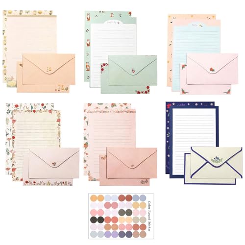 55 Pcs Stationery Paper Envelopes Set | Includes 36 Writing Stationery Paper & 18 Envelopes & 48 Stickers, Animal Letter Stationary Paper Envelopes (6 Style) - color: Animal & Flower