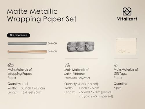 Vitalizart Matte Metallic Silver Wrapping Paper Set 30" Ribbons & Gift Tags | All-In-One Recyclable Luxury Elegant Gift Paper Roll Christmas Holiday Bridal Baby Shower Wedding Girls Boys Birthday 197" - color: Silver Paper & Silver Ribbons, size: 30 Inch