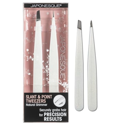 JAPONESQUE Pointed & Slant Tweezers Natural Shimmer Set, Precision Crafted, Hand Sharpened Tips for Shaping and Defining Brows - style: Natural Shimmer Set