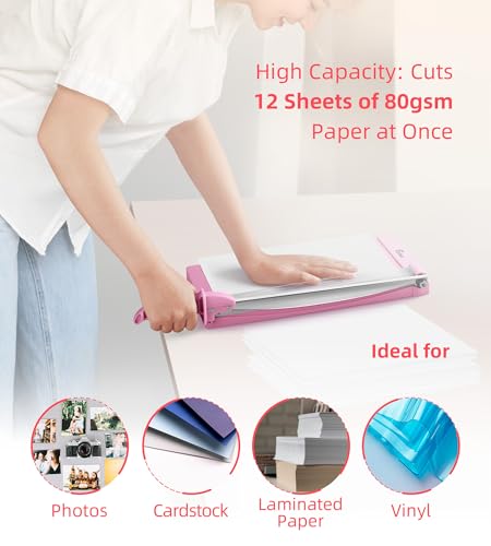 Firbon 12" Guillotine Paper Cutter with Hidden Ruler, Compact Paper Trimmer - color: Pink