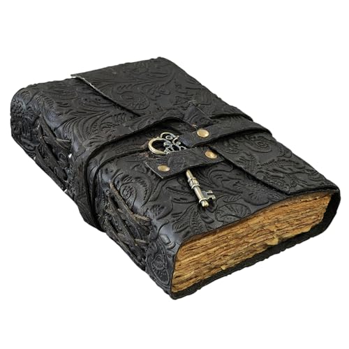 Embossed Leather Journal with Antique Key Vintage Pages Handmade Journal Leather Sketchbook Notepad Leather Travel Journal Book of Shadows Leather grimoire (Black, 10x7 Inch) - color: Black, size: 10x7 Inch