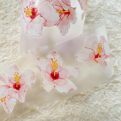 Seahorse Forest Vol8 A46 Vintage Pink Hibiscus Follower,Pre-Cut Floral Matte PET Tape Stickers,for Scrapbook Supplies,Scrapbook Tape Stickers,Junk Journal Supplies - style: Matte PET