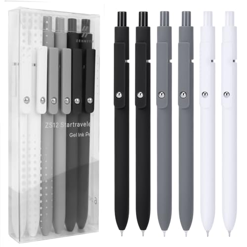 FIOVER Gel Pens 6pcs 0.5mm Fine Point Black Ink Quick Dry Pens | Smooth Writing Pens for Journaling, Nurse Aesthetic Cute Office School Supplies, Gifts for Women and Men - color: 6Pcs Black White Grey-Black Ink, size: 1 Count (Pack of 6)