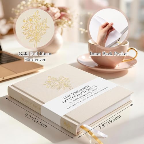 Everloria Premade Dotted Journal Notebook, 12 Months Pre-made Bullet Templates, 260 Hand-Drawn Coloring Pages, Undated Weekly & Monthly Planner, 7.8"x9.3" Linen Dot Grid Habit Mood Tracker, Beige - color: Beige