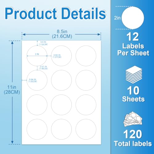 2 Inch Round Printable Labels, White Blank Circle Stickers for Laser Inkjet Printer, Wedding Favor, Candle, Cosmetic Jar & Handmade Craft Labels 120 Adhesive Labels (10 Sheets) with Template - size: 2 IN-10 Sheets(HB-C012)