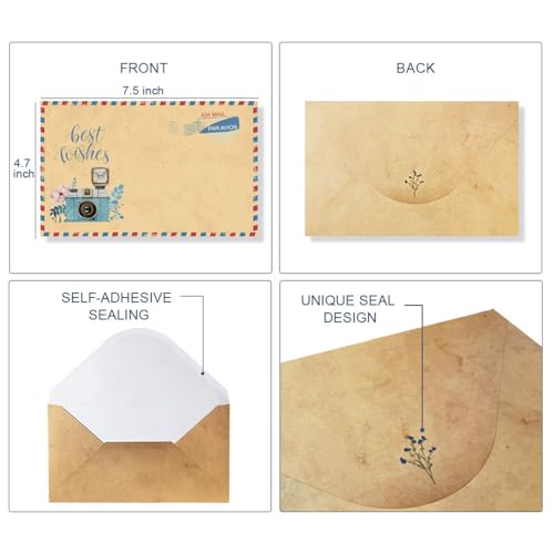 Lined Vintage Stationery Paper, Old Fashion Stationary Paper and Envelopes Set, 48 Sheets + 24 Envelopes Letter Writing Stationery Set for All Occasion, 7.3 x 10.2 Inch