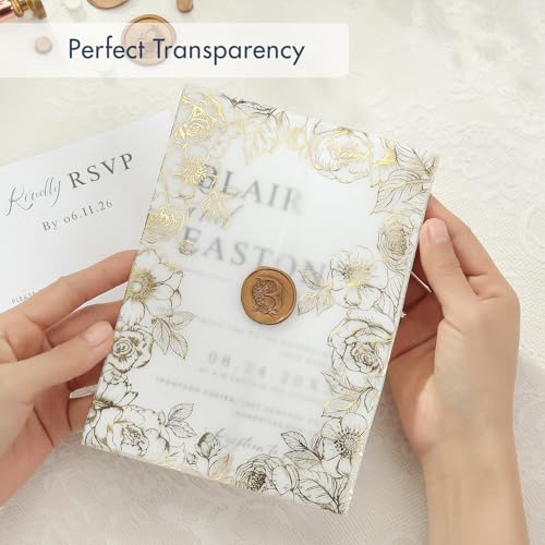 50 Pack Pre-Folded Vellum Jackets for 5x7 Invitations,AZAZA Gorgeous Translucent Invitation Sleeves,115GSM Vellum Jackets 5x7, Wedding Invitation Accessories,for Weddings Birthdays,Real Gold Foil Stamping Flower - color: 50Pack--Real Gold Foil Stamping Fl
