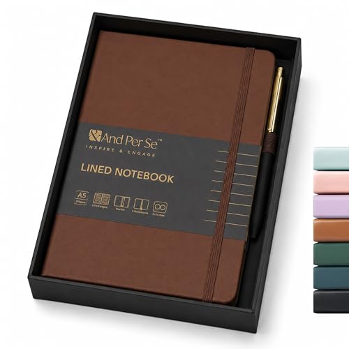 &And Per Se Lined Journal and Pen Set, A5 Leather Hardcover Notebook with Pen & Stationary Set, 160 Pages 100GSM Thick Ruled Paper Journal for Business Work Writing (Brown, Gift Set) - color: Brown
