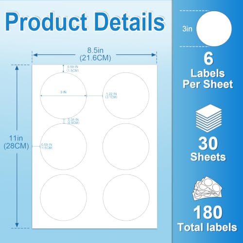 3 Inch Large Round Labels, Circle Sticker Labels for Laser Inkjet Printer, Shipping Tag, Warehouse Organizer, Promotional & Big Item Labels, (6 Labels/Sheet), 30 Sheets - size: 3 IN-30 Sheets(HB-C006)