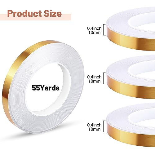 Zonon 3 Rolls 0.2" 0.4" 0.6" Gold Washi Tape 54.7 Yard Solid Foil Self Adhesive Polyester Film Metallic Tape for Detailing Graphic Arts for Crafts Walls Cars and Boats Trim(0.4'') - size: 0.4''