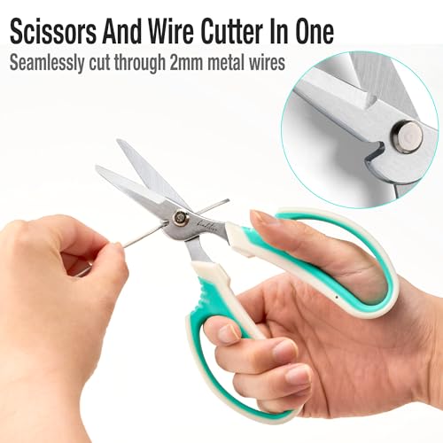 Beaditive Multipurpose Craft Scissors With Wire Cutter - High-Leverage with Sharp Carbon Steel Blades - Ergonomic Sewing Scissors for Heavy Duty Projects - Office, Scrapbook, Leather Scissors - color: Teal With Wire Cutter