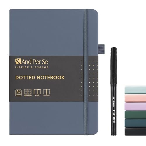 &And Per Se Dotted Notebook with Pen, A5 Hardcover Dotted Journal, 160 Pages 100GSM Thick Paper Dot Grid Journal with Fineliner Pen (Dark Blue) - color: Dark Blue, size: 160-Dotted