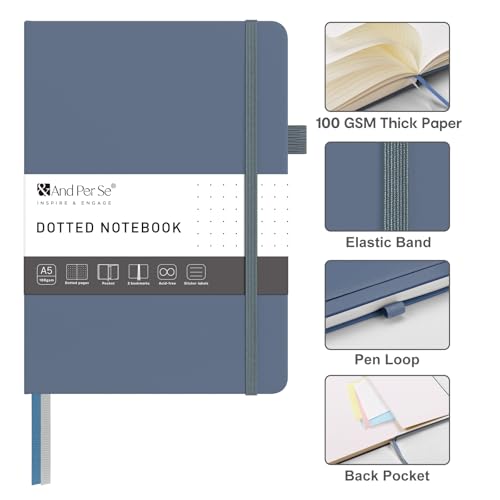 &And Per Se Dotted Journal – A5 Hardcover, Dot Grid Notebook for Planning & Journaling, 160 Pages 100gsm Paper, Stickers - 5.7”x8” (Dark Blue) - color: Dark Blue, style: Dotted 160 pages
