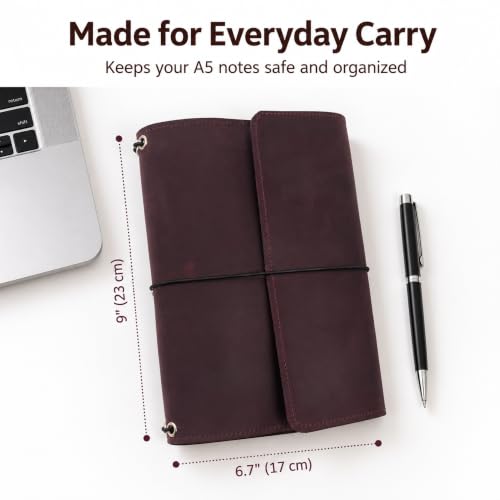 Genuine Leather A5 Notebook Cover – Refillable Journal Case with 3 Elastic Bands, Pen Holder & Inner Pockets, Fits Standard A5 Inserts 5.8 x 8.3 inch (Paper Not Included), Burgundy - size: A5