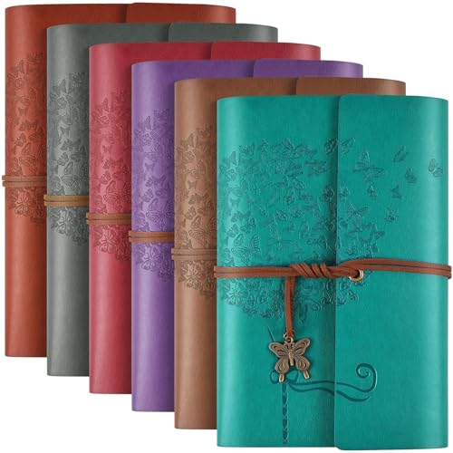 OMEYA 6 Pack A6 Refillable Leather Journals,Bulk Gift for Women, Coworkers | 5" x 7", 100 GSM Lined Paper, 160 Pages Each, 2 Pockets, Vintage Travel Journals for Writing, Gifts for Teacher, Staff - style: 6-pack of Dandelions