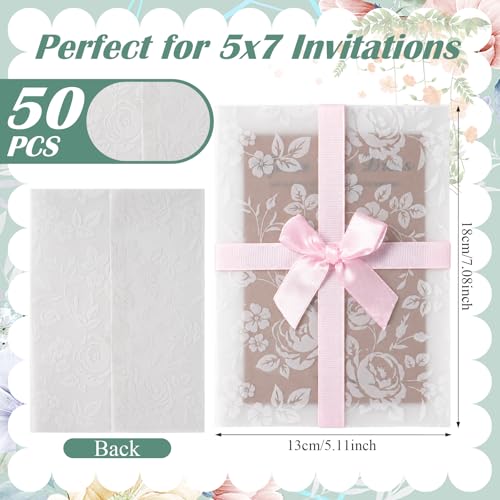 50 Pack Floral Vellum Jackets for 5x7 Invitations, Pre-Folded 115 GSM Translucent Vellum Wraps, Flower Wedding Invitation Sleeves for Bridal Shower Baby Shower Birthday