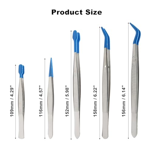 5Pcs Tweezers Set, Non-Scratch Rubber Tip, Blue - color: Bule