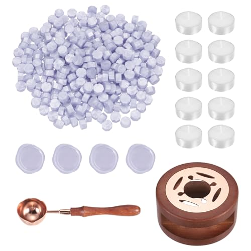 PATIKIL Wax Seal Kit, 300 Pcs Wax Sealing Beads, Wooden Warmer, Melted Spoon, 10 Pcs Tealight Candles for Envelope Letter Mailing Crafts DIY, Light Purple - color: Light Purple