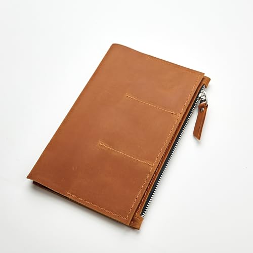 A5 Leather Journal Insert (5.8" x 8.3") – Handmade Leather Organizer Insert with Card Slots & Zipper Pocket, Refillable Notebook Insert for A5 Cover, Leather Journal Accessory, Warm Brown - size: A5