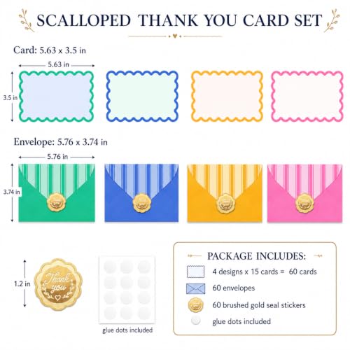 Whaline 60Pcs Flat Blank Note with Envelopes 4 Neon Color Scalloped Stationery Card Non Folding Double-Sided Note Cards for Wedding Birthday Baby Shower, 5.6 x 3.5 Inch - color: pink yellow blue green