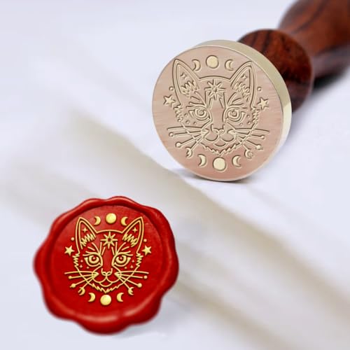 1pc Cat Wax Seal Stamps Vintage Star Moon Sealing Wax Stamps 25mm Removable Brass Head Stamp with Wooden Handle for Envelope Wedding Back to School Christmas Thanksgiving Gift Packing - style: Cat,Star,Moon