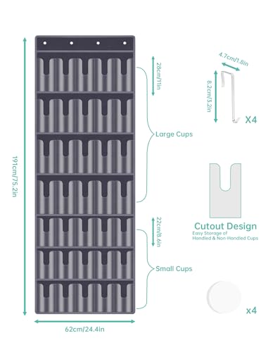 NiHome 35-Pocket Door Hanging Cup Organizer Fit for Stanley Tumbler 30 40oz | Large Capacity Over the Door Water Bottle Storage with Nano Tape, Waterproof Oxford Fabric, U-Shaped Handle Slots (Dark Gray) - color: Dark Gray (Upgraded), size: 75.2'' x 24.4"