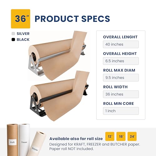 DIY CREW 36 Inch Paper Roll Dispenser and Cutter for Kraft, Butcher Paper | Tabletop, Wall Mount, Heavy Duty, Holds 1000ft Rolls - Roll Not Included - color: Silver, size: 36"