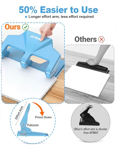 AFMAT 3 Hole Punch Heavy Duty, 40-Sheet Three Hole Punch, 50% Reduced Effort, 3 Hole Puncher for Binder w/Large Chip Tray, 9/32" Holes Diameter, Metal Paper Puncher for Home/Office/School, HP14(Cyan) - color: Cyan