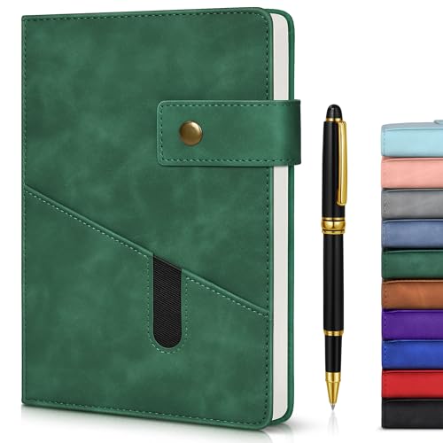 vfaejll Lined Notebook with Pen, 5.9"x8.4" A5 Hardcover Leather Journal Set - color: Green