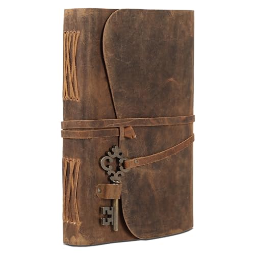 Leather Journal with Deckle Edge Paper 8x6 inch and Vintage Key | Handmade Writing Notebook Diary | Bound Daily Notepad for Men & Women Medium, Sketch/Writing pad for Artists - color: Brown, size: 10 x 7, style: Lined Deckle Paper