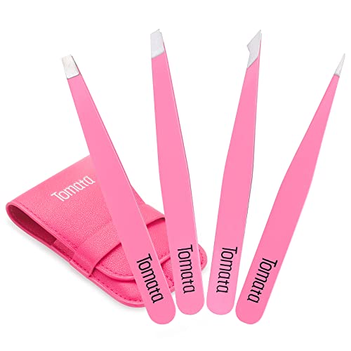 Tomata Tweezers for Eyebrows, Slant Tip and Pointed Eyebrow Tweezer Set Great Precision for Eyebrows Facial Hair, Ingrown Hair, Splinter, Blackhead and Tick Remover (4-piece) (pink) - color: Pink