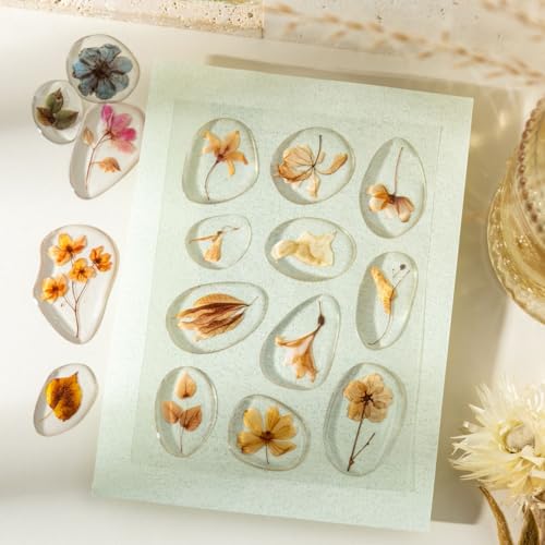 66 Pcs 3D Epoxy Dried Flower Stickers for Scrapbooking | Crystal Clear Amber-Like Resin Botanical, Raised Glossy Specimens for Junk Journaling, Card Making and DIY Art - color: The Echoes of Nature