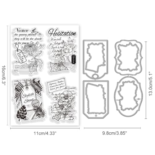 INFUNLY 2 Set Vintage Plant Word Clear Stamps and Dies for Card Making Chrysanthemum Stamps and Die Cuts Flower Leaf Silicone Stamp Retro Background Embossing Template for DIY Scrapbooking Album Decor - style: Animal&Plants