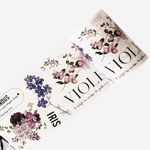 WT Pre-Cut Violet Veil Wide Washi Tape, Single Roll, Soft Lilac Florals & Misty Backgrounds with Script, Decorative Japanese Paper for Journaling, Scrapbooking, Planner, DIY Crafts, 65mm x 5m - color: WT Pre-Cut Violet Veil Wide Washi Tape