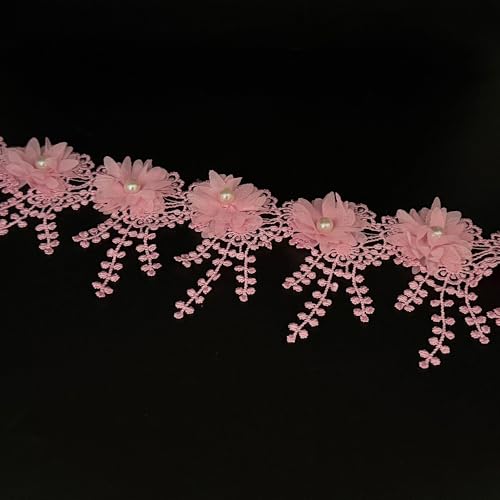 1 Yard Vintage Flower Pearl Beads Lace Edge Trim Ribbon Floral Fabric Embroidered Appliques Sewing Lace for Wedding Bridal Dress Clothes Costume Hat Home Party Decoration (Pink, 1 Yard) - color: Pink, size: 1 Yard