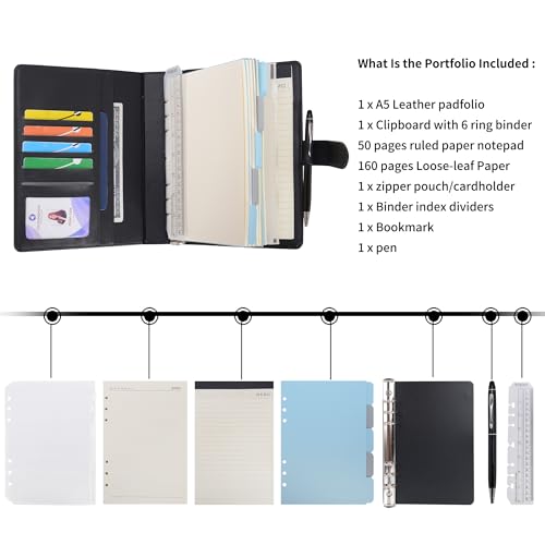 WASON A5 Binder PU Leather Journal Ring Portfolio Lined Notebook Refillable Paper Diary with Removable Clipboard Writing Notepad for Travel Business School Agenda Organizer (Black) - color: Black