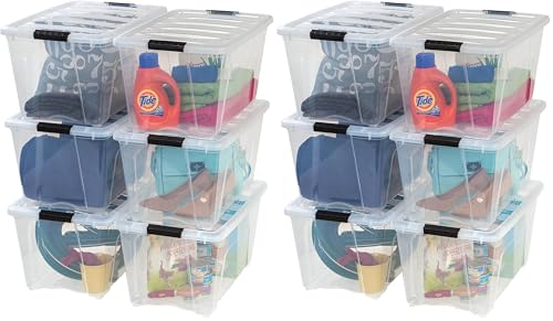 IRIS USA 54 Qt Stackable Plastic Storage Bins with Lids, 12 Pack - BPA-Free, Made in USA - See-Through Organizing Solution, Latches, Durable Nestable Containers, Secure Pull Handle - Clear - color: Clear, size: 54 Qt, style: 12 Pack