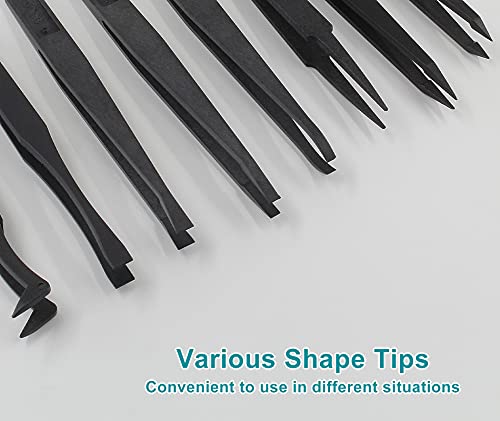 Bonsicoky 8Pcs Precision Plastic Tweezers, 4.5-4.8 Inch, Black | Anti-Static, Curved and Straight Tips, Electronics Assembly, Watch Repair, Crafts Making
