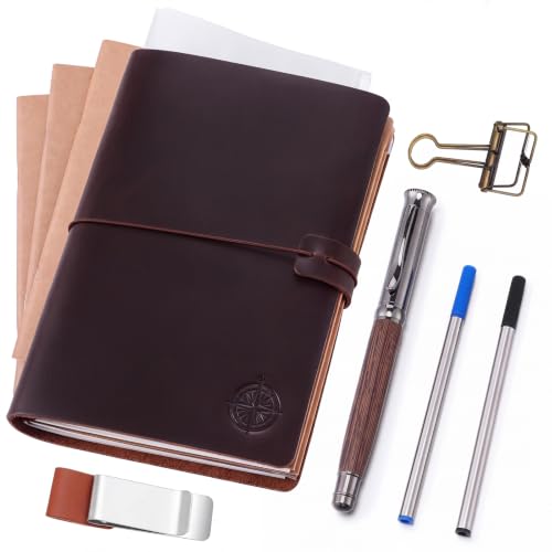 Thenshop A5 Leather Journal Refillable Notebook Travel Diary Handmade Travelers Refillable Leather Journal for Men and Women with 3 Notebook Inserts, Pen Holder, Binder Clip