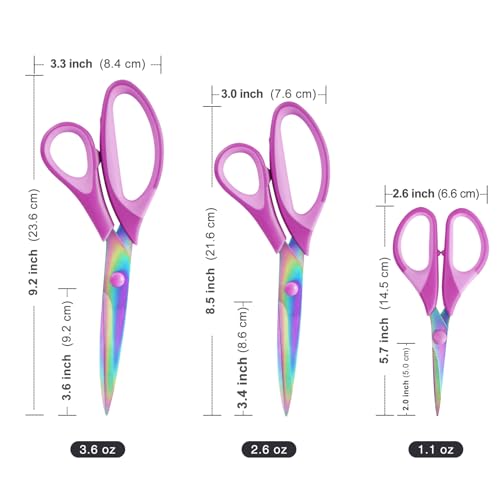Craft Scissors Set of 3 Pack, All Purpose Sharp Titanium Blades Shears, Comfort Grip Handle, Multipurpose Fabric Scissors Tool Great for Adults, Office, Sewing, School and Home Supplies, Purple - color: Purple