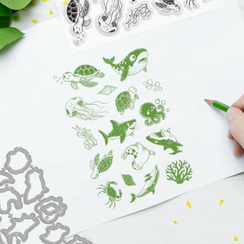 INFUNLY 2 Set Sea Animal Stamps and Dies for Card Making Turtles Dolphin Clear Stamp and Cutting Die Octopus Jellyfish Silicone Stamp Seals Whales Embossing Template for DIY Scrapbooking Album Decor - style: Sea Animals